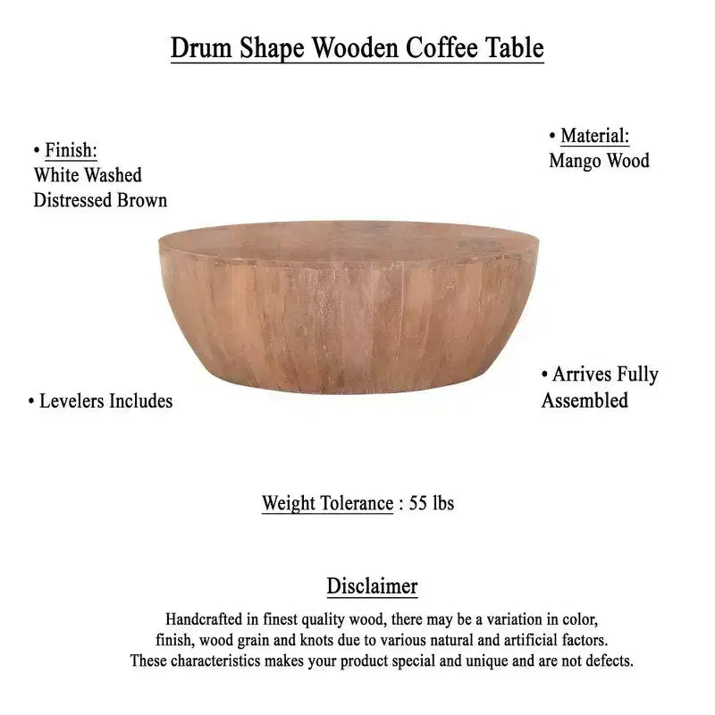 Table basse en bois en forme de tambour de 90 cm avec base à lattes