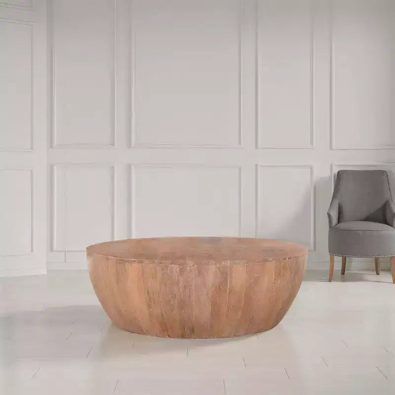 Table basse en bois en forme de tambour de 90 cm avec base à lattes