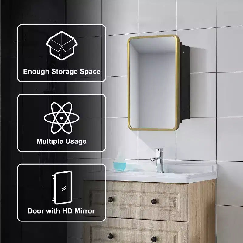 Miroir-armoire rectangulaire arrondi en fer forgé doré
