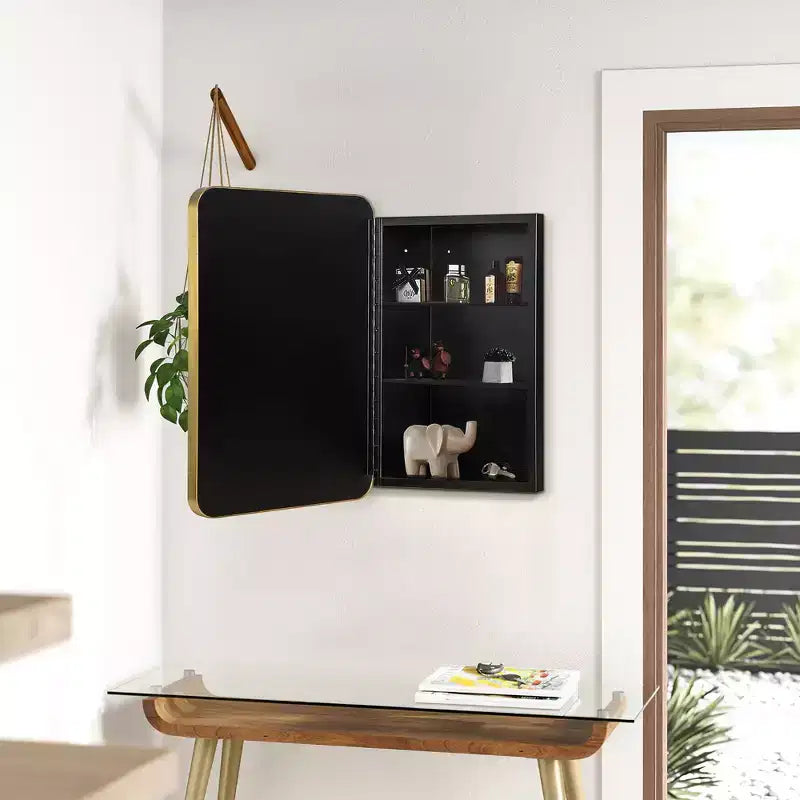 Miroir-armoire rectangulaire arrondi en fer forgé doré