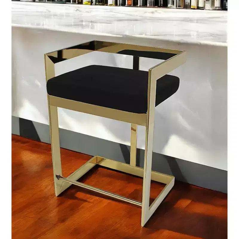 Chaise de bar haute à dossier bas en velours noir et doré et acier inoxydable