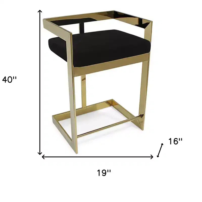 Chaise de bar haute à dossier bas en velours noir et doré et acier inoxydable