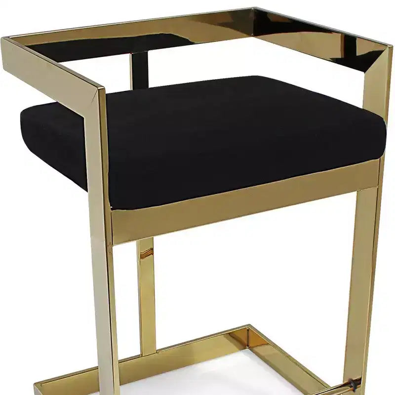 Chaise de bar haute à dossier bas en velours noir et doré et acier inoxydable