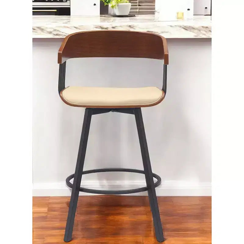 Chaise de bar hauteur comptoir pivotante en similicuir crème et noir avec piétement en métal