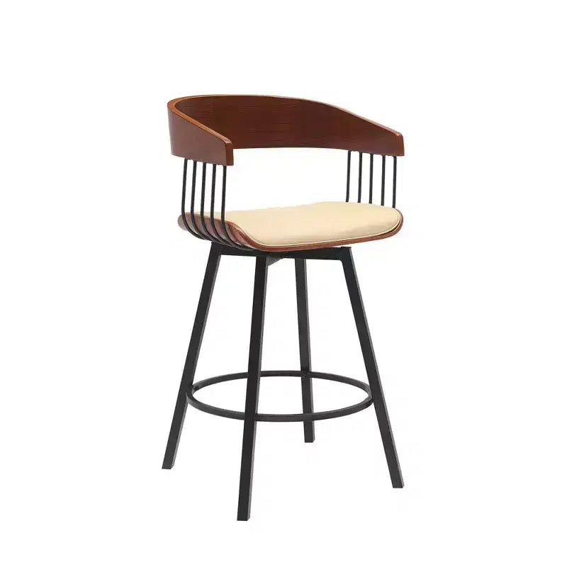 Chaise de bar hauteur comptoir pivotante en similicuir crème et noir avec piétement en métal