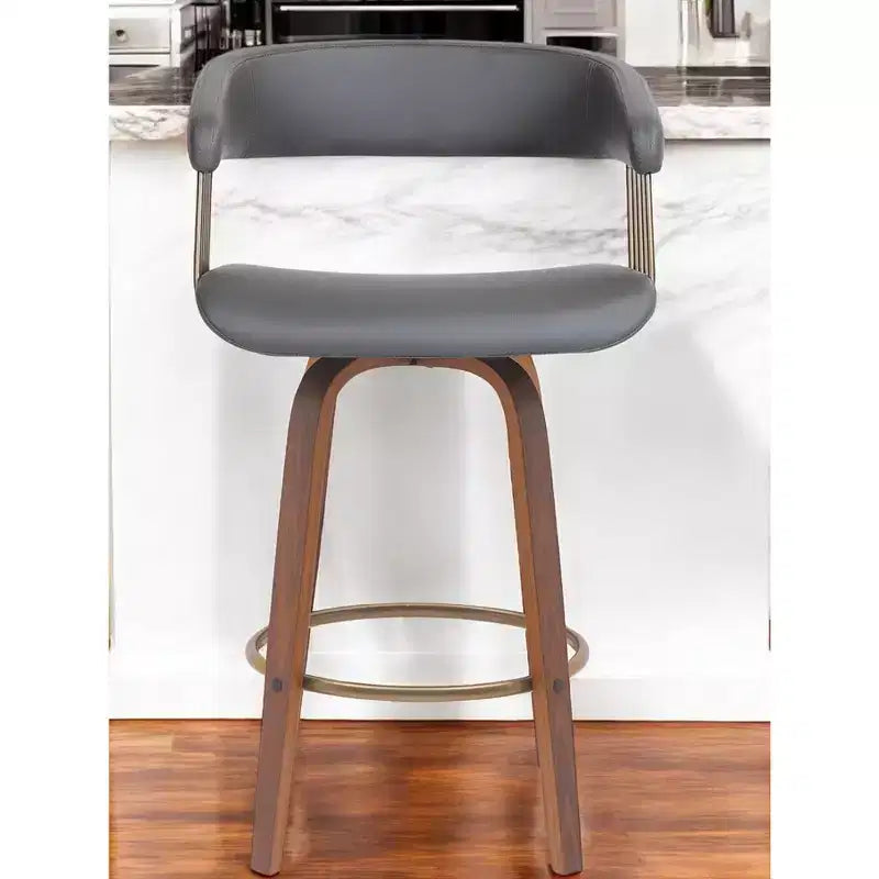 Chaise de bar pivotante en similicuir gris et marron imitation bois, hauteur comptoir