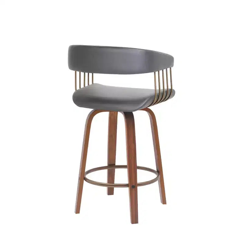 Chaise de bar pivotante en similicuir gris et marron imitation bois, hauteur comptoir