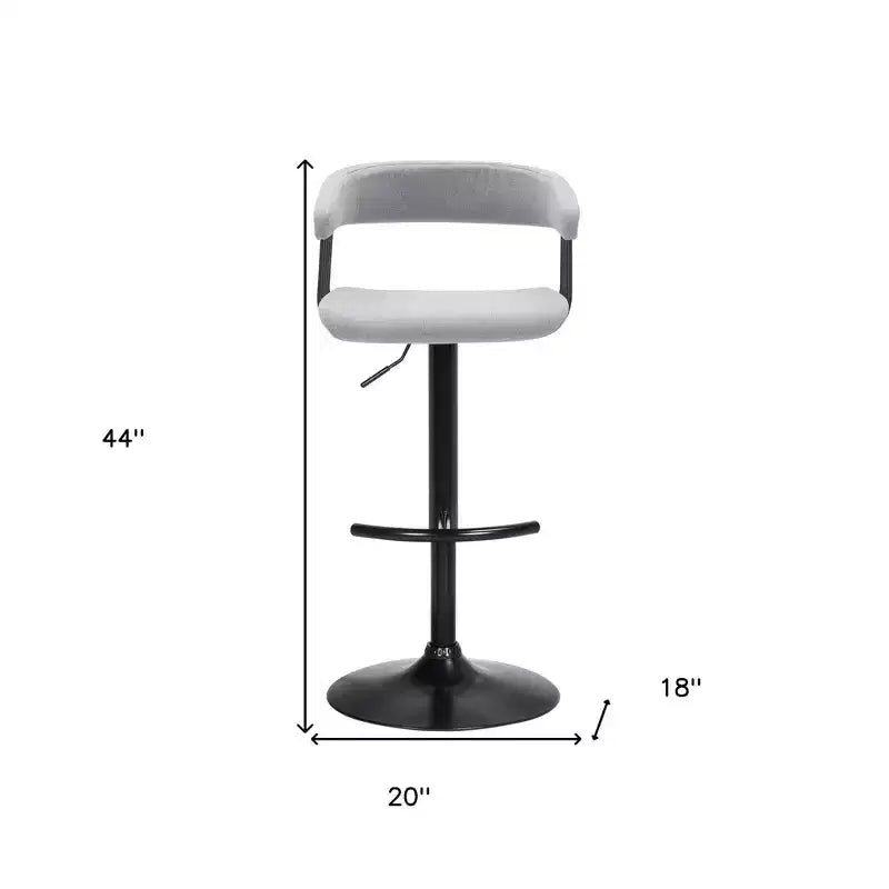 Chaise de bar pivotante en tissu gris clair et noir avec piètement en métal, réglable en hauteur