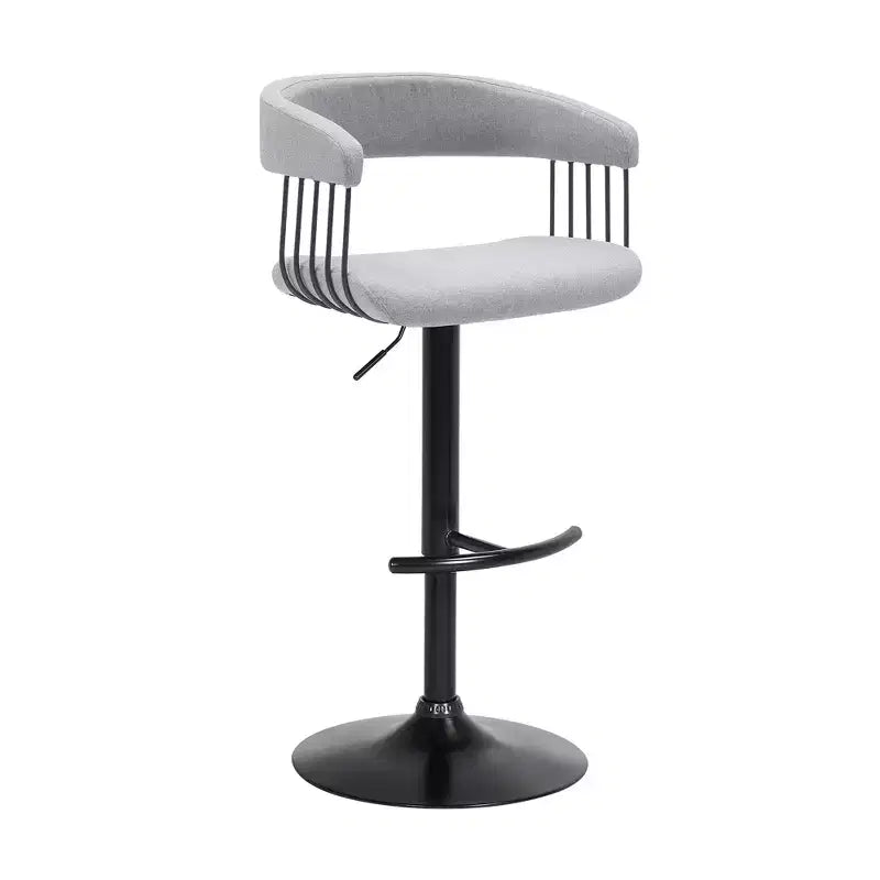 Chaise de bar pivotante en tissu gris clair et noir avec piètement en métal, réglable en hauteur