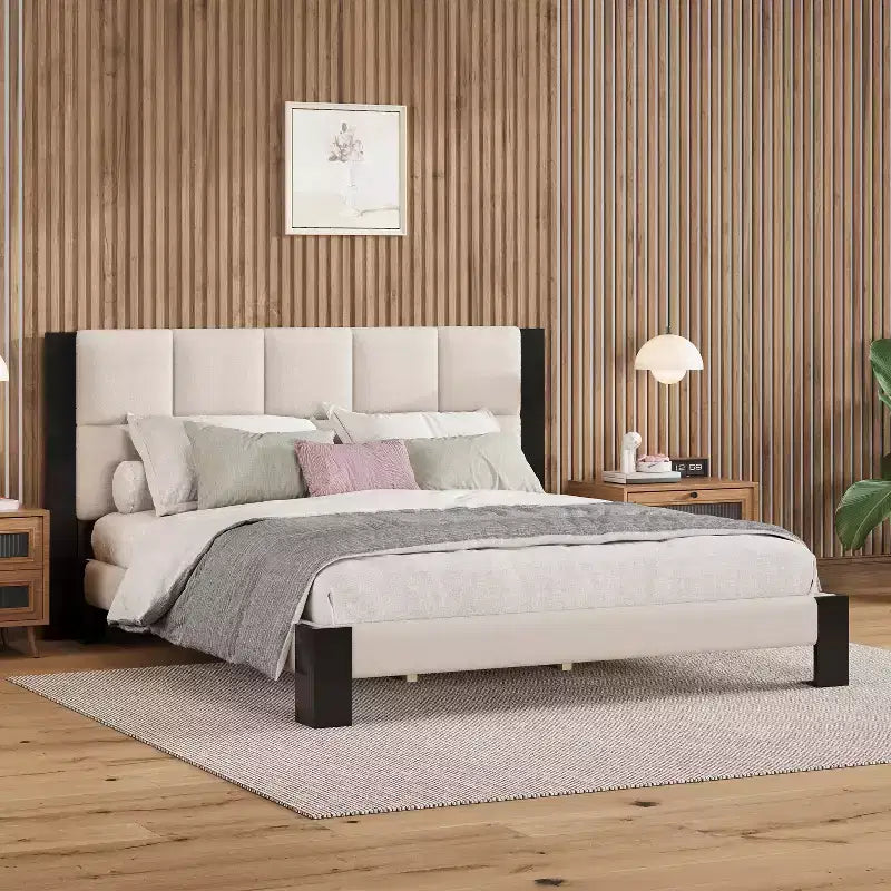 Lit contemporain en tissu bouclé à surpiqûres carrées