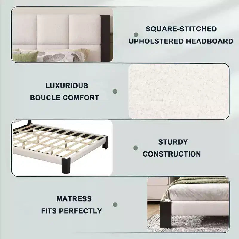 Lit contemporain en tissu bouclé à surpiqûres carrées