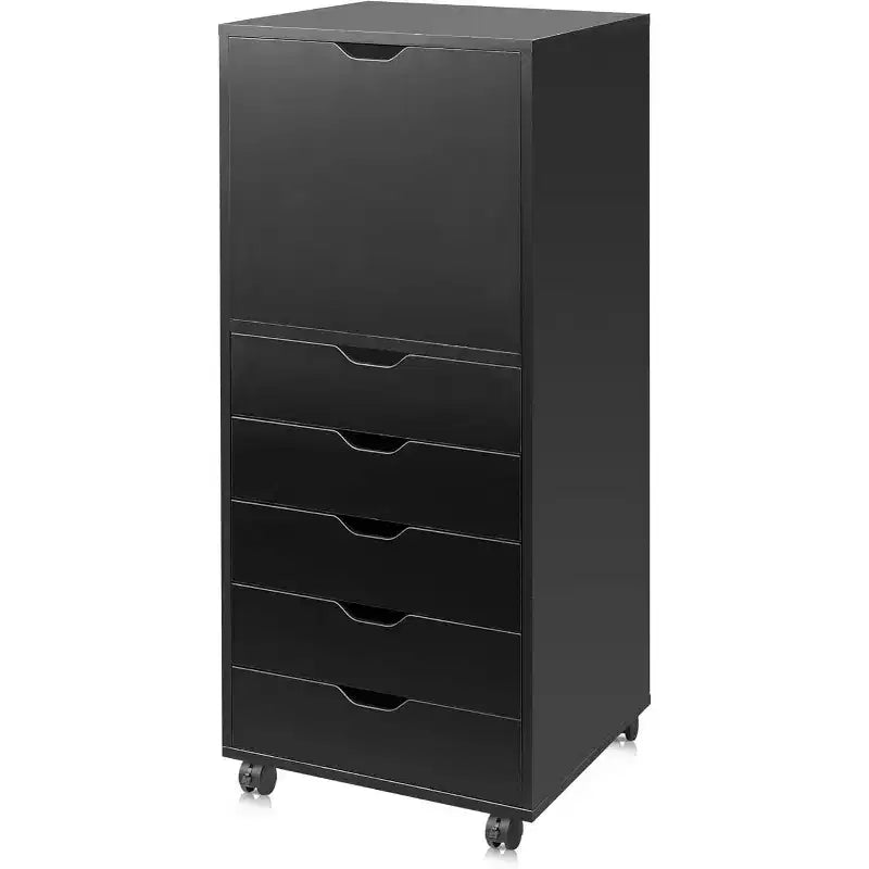 Commode en bois à 5 tiroirs avec placard supérieur, meuble de rangement mobile pour bureau à domicile, noir