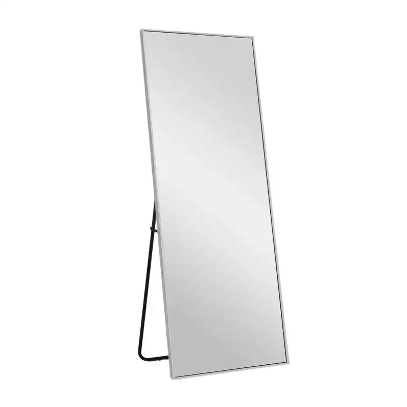 Miroir pleine longueur en aluminium de 163 x 54 x 1,5 cm avec cadre fin, angles droits et support, couleur argent