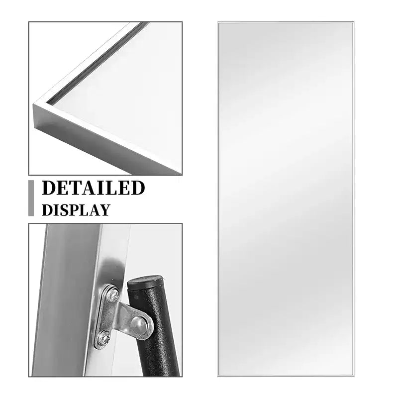 Miroir pleine longueur en aluminium de 163 x 54 x 1,5 cm avec cadre fin, angles droits et support, couleur argent