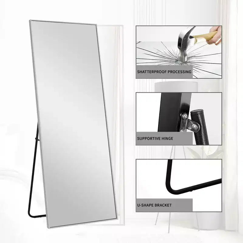 Miroir pleine longueur en aluminium de 163 x 54 x 1,5 cm avec cadre fin, angles droits et support, couleur argent