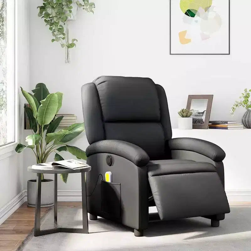 Fauteuil Inclinable Massant Électrique - Fauteuil à Dossier Haut en Cuir Véritable Noir avec Fonction Vibrante pour Salon