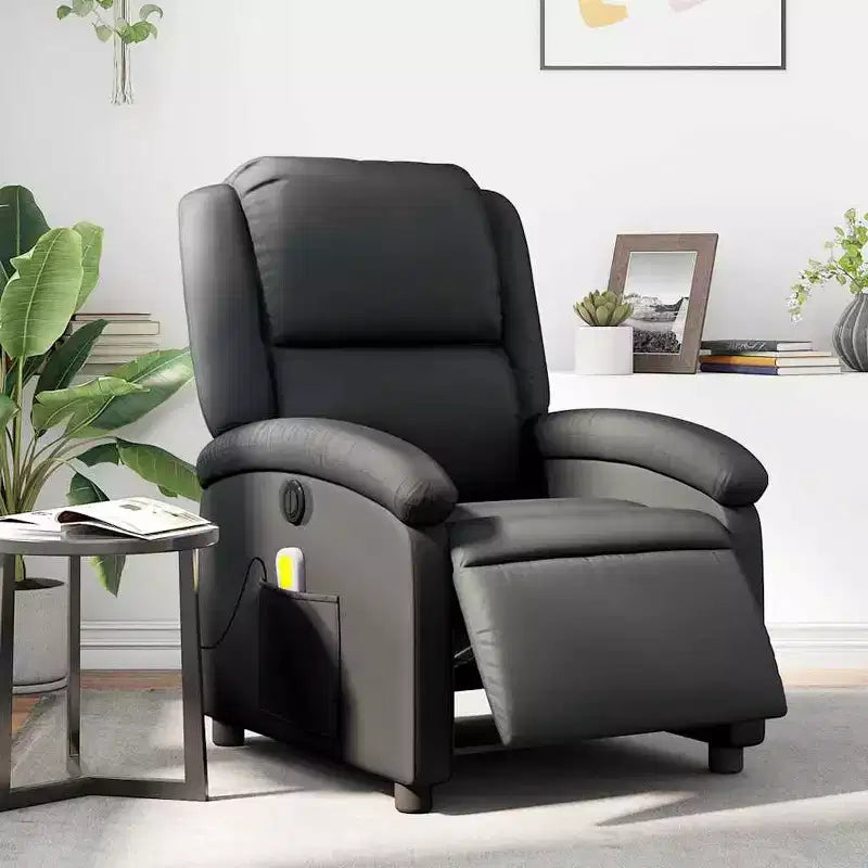 Fauteuil Inclinable Massant Électrique - Fauteuil à Dossier Haut en Cuir Véritable Noir avec Fonction Vibrante pour Salon