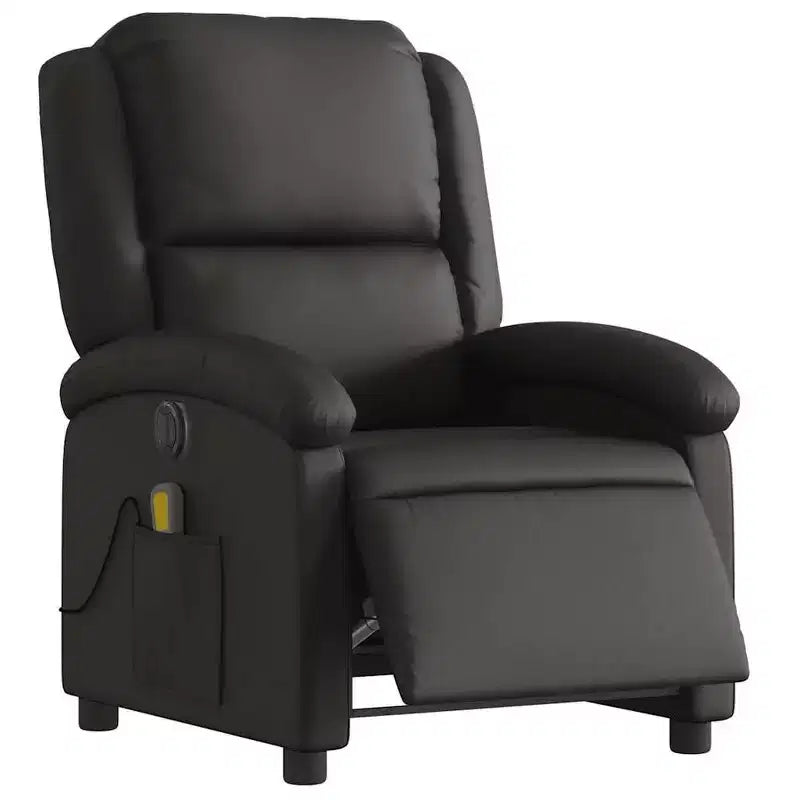 Fauteuil Inclinable Massant Électrique - Fauteuil à Dossier Haut en Cuir Véritable Noir avec Fonction Vibrante pour Salon
