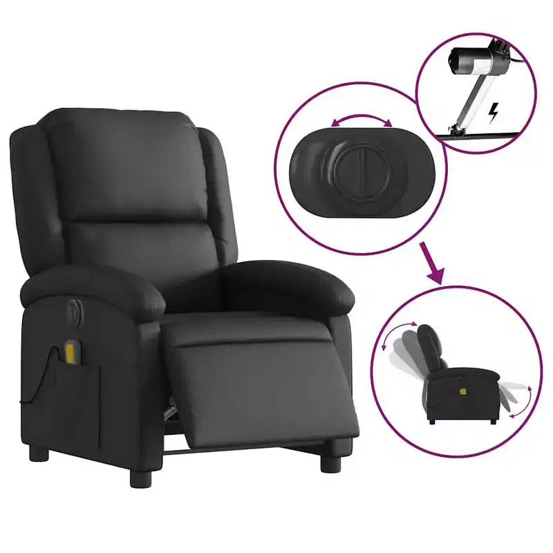 Fauteuil Inclinable Massant Électrique - Fauteuil à Dossier Haut en Cuir Véritable Noir avec Fonction Vibrante pour Salon