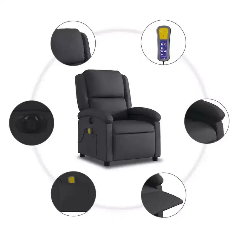 Fauteuil Inclinable Massant Électrique - Fauteuil à Dossier Haut en Cuir Véritable Noir avec Fonction Vibrante pour Salon