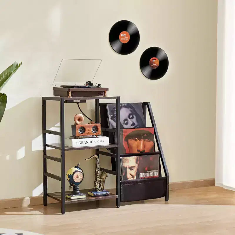 Meuble tourne-disque avec station de charge et ports USB, peut contenir jusqu'à 200 albums, support de platine vinyle à 3 niveaux avec rangement pour disques vinyles, noir