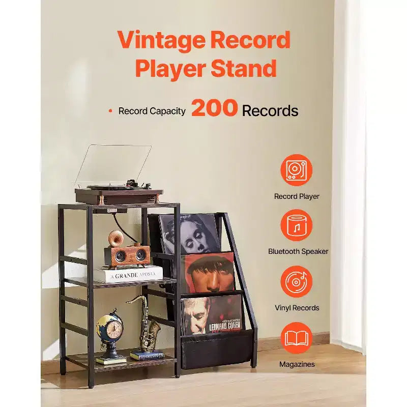 Meuble tourne-disque avec station de charge et ports USB, peut contenir jusqu'à 200 albums, support de platine vinyle à 3 niveaux avec rangement pour disques vinyles, noir