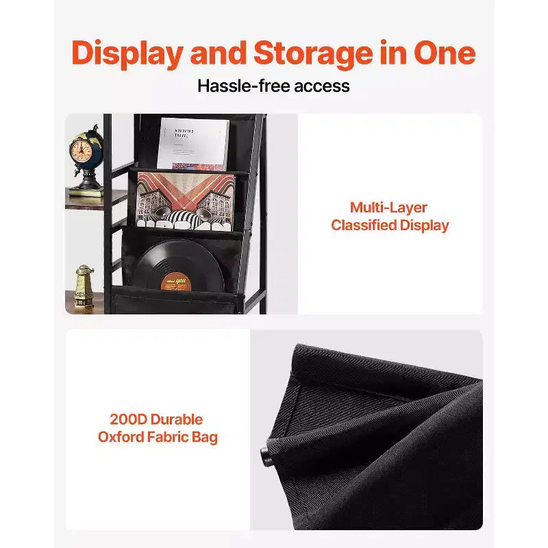 Meuble tourne-disque avec station de charge et ports USB, peut contenir jusqu'à 200 albums, support de platine vinyle à 3 niveaux avec rangement pour disques vinyles, noir