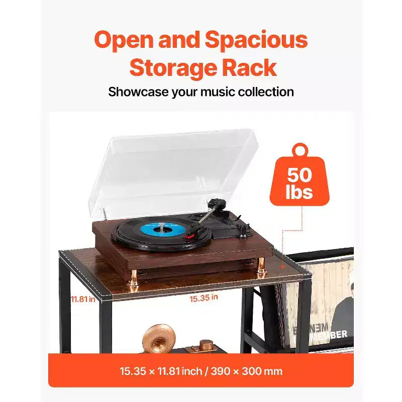 Meuble tourne-disque avec station de charge et ports USB, peut contenir jusqu'à 200 albums, support de platine vinyle à 3 niveaux avec rangement pour disques vinyles, noir