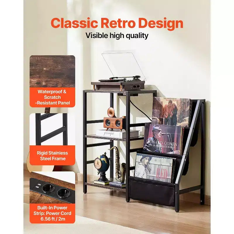 Meuble tourne-disque avec station de charge et ports USB, peut contenir jusqu'à 200 albums, support de platine vinyle à 3 niveaux avec rangement pour disques vinyles, noir