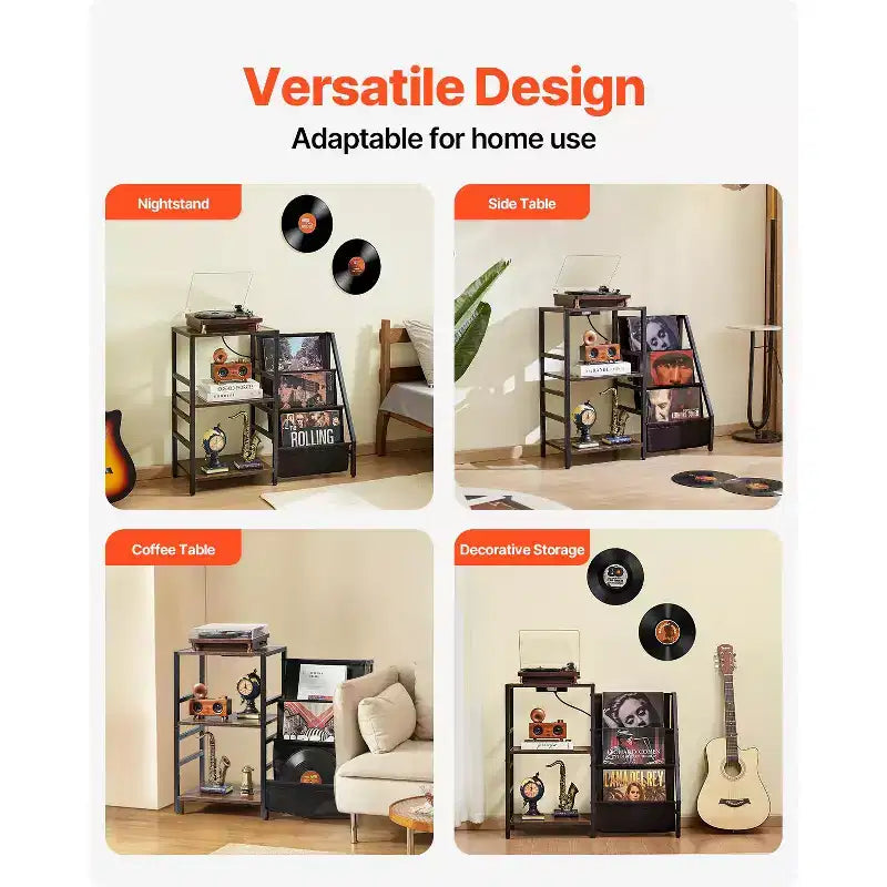 Meuble tourne-disque avec station de charge et ports USB, peut contenir jusqu'à 200 albums, support de platine vinyle à 3 niveaux avec rangement pour disques vinyles, noir