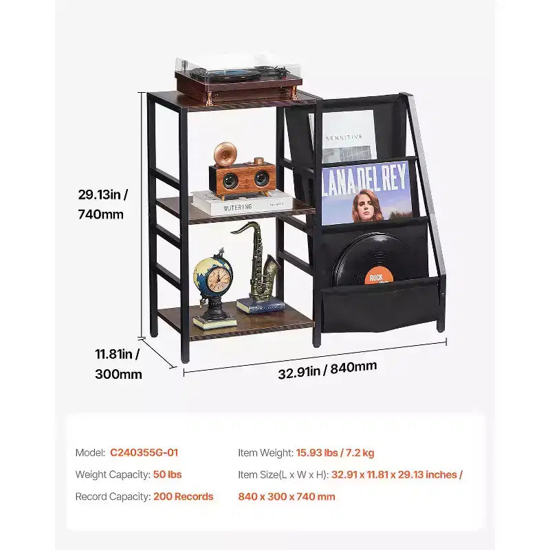 Meuble tourne-disque avec station de charge et ports USB, peut contenir jusqu'à 200 albums, support de platine vinyle à 3 niveaux avec rangement pour disques vinyles, noir