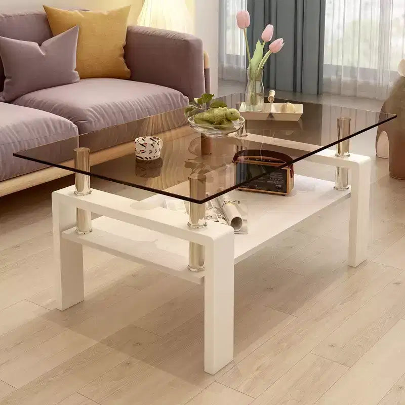Table basse rectangulaire moderne à 2 niveaux avec plateau en verre trempé et pieds en métal, table d'appoint centrale avec étagère en MDF pour le salon