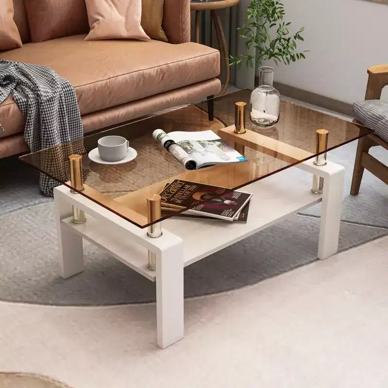 Table basse rectangulaire moderne à 2 niveaux avec plateau en verre trempé et pieds en métal, table d'appoint centrale avec étagère en MDF pour le salon