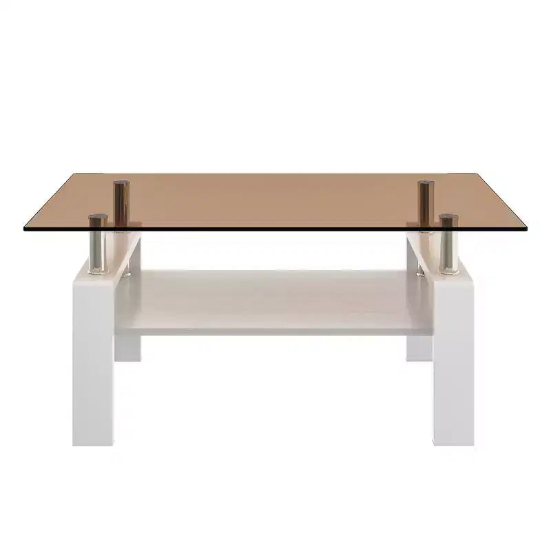 Table basse rectangulaire moderne à 2 niveaux avec plateau en verre trempé et pieds en métal, table d'appoint centrale avec étagère en MDF pour le salon