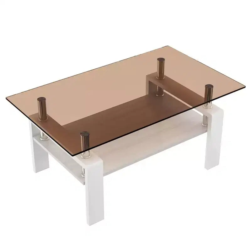 Table basse rectangulaire moderne à 2 niveaux avec plateau en verre trempé et pieds en métal, table d'appoint centrale avec étagère en MDF pour le salon