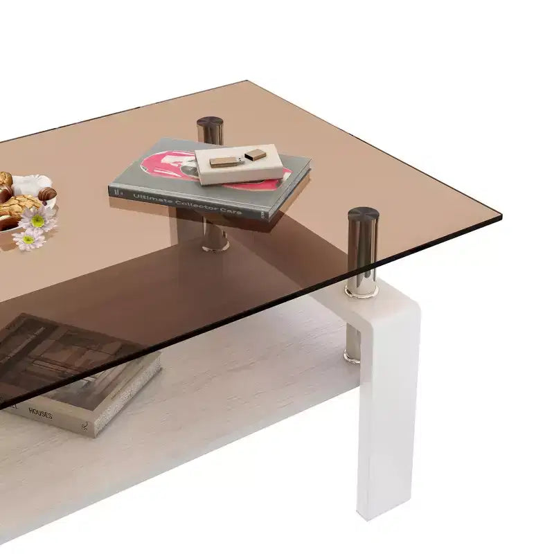 Table basse rectangulaire moderne à 2 niveaux avec plateau en verre trempé et pieds en métal, table d'appoint centrale avec étagère en MDF pour le salon