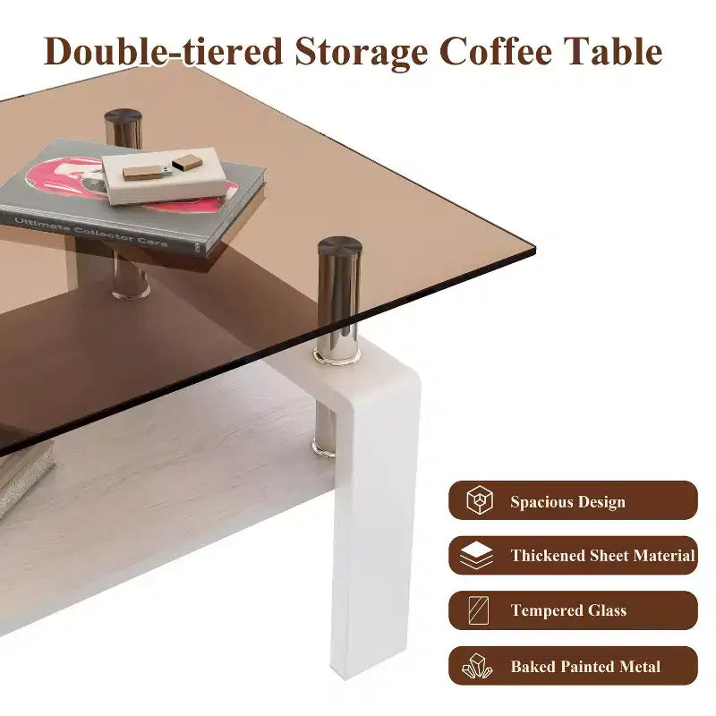 Table basse rectangulaire moderne à 2 niveaux avec plateau en verre trempé et pieds en métal, table d'appoint centrale avec étagère en MDF pour le salon