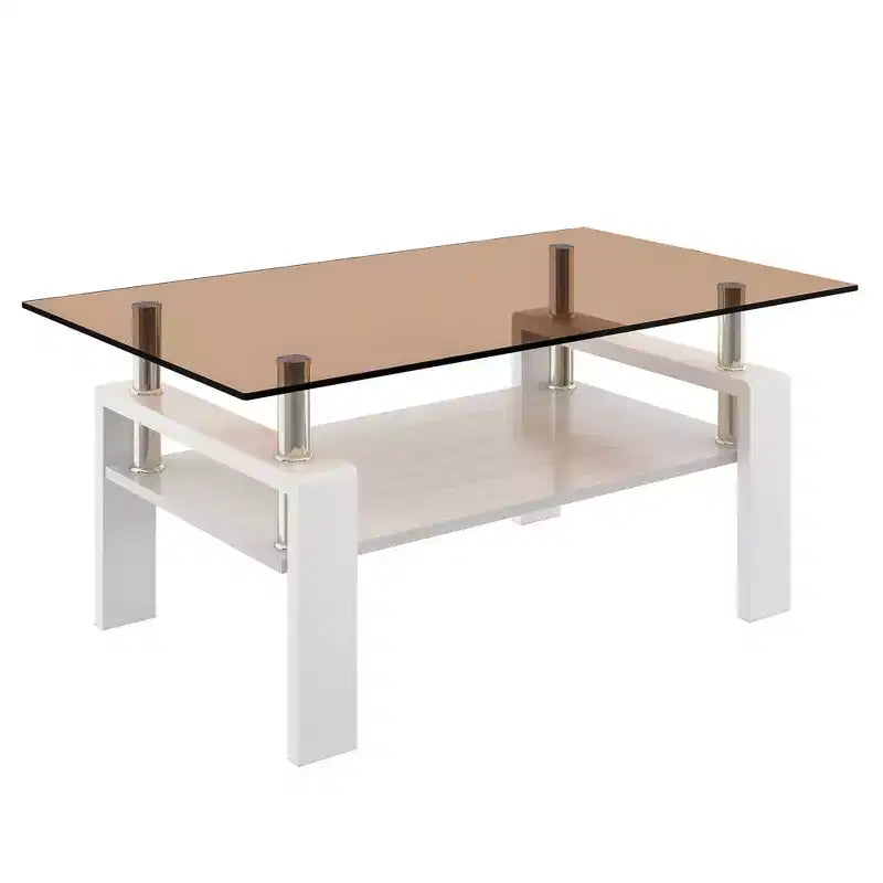 Table basse rectangulaire moderne à 2 niveaux avec plateau en verre trempé et pieds en métal, table d'appoint centrale avec étagère en MDF pour le salon