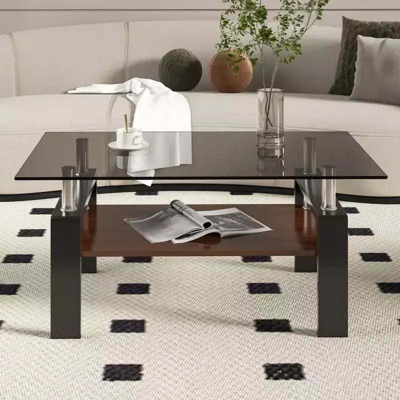 Table basse rectangulaire moderne à 2 niveaux avec plateau en verre trempé et pieds en métal, table d'appoint centrale avec étagère en MDF pour le salon