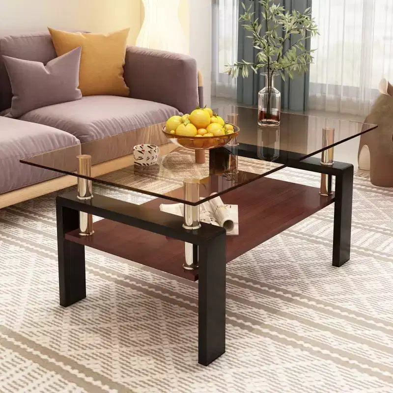 Table basse rectangulaire moderne à 2 niveaux avec plateau en verre trempé et pieds en métal, table d'appoint centrale avec étagère en MDF pour le salon