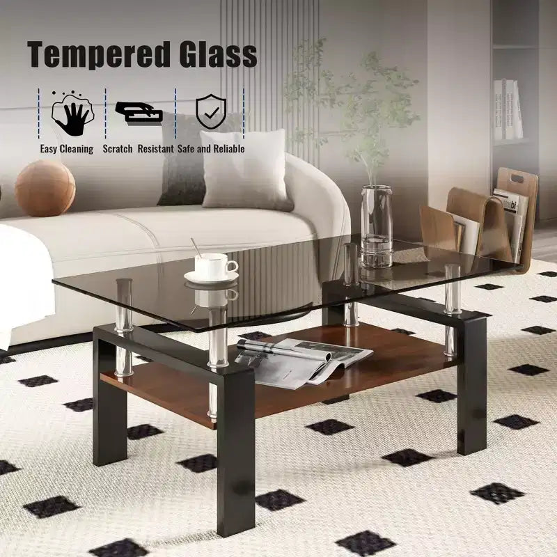 Table basse rectangulaire moderne à 2 niveaux avec plateau en verre trempé et pieds en métal, table d'appoint centrale avec étagère en MDF pour le salon