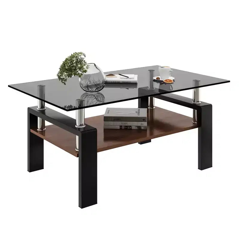 Table basse rectangulaire moderne à 2 niveaux avec plateau en verre trempé et pieds en métal, table d'appoint centrale avec étagère en MDF pour le salon