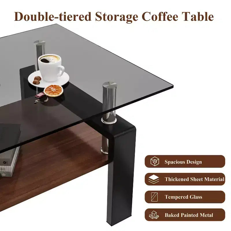Table basse rectangulaire moderne à 2 niveaux avec plateau en verre trempé et pieds en métal, table d'appoint centrale avec étagère en MDF pour le salon