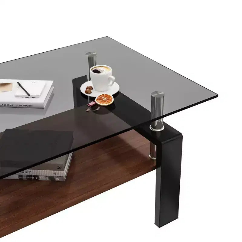 Table basse rectangulaire moderne à 2 niveaux avec plateau en verre trempé et pieds en métal, table d'appoint centrale avec étagère en MDF pour le salon