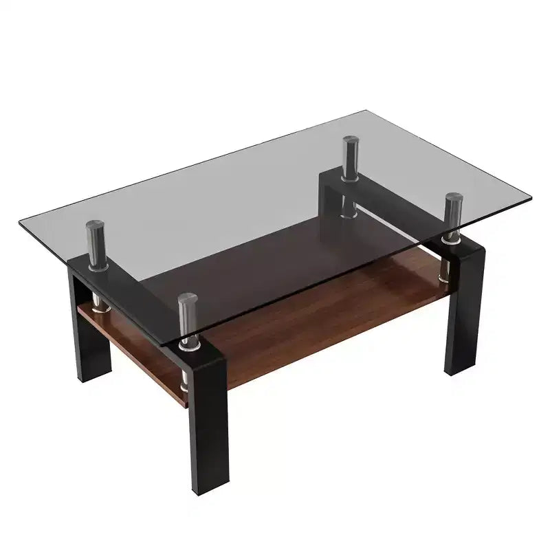 Table basse rectangulaire moderne à 2 niveaux avec plateau en verre trempé et pieds en métal, table d'appoint centrale avec étagère en MDF pour le salon