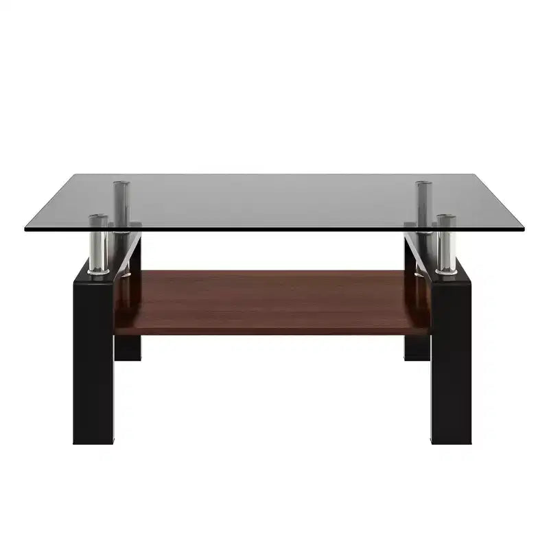 Table basse rectangulaire moderne à 2 niveaux avec plateau en verre trempé et pieds en métal, table d'appoint centrale avec étagère en MDF pour le salon