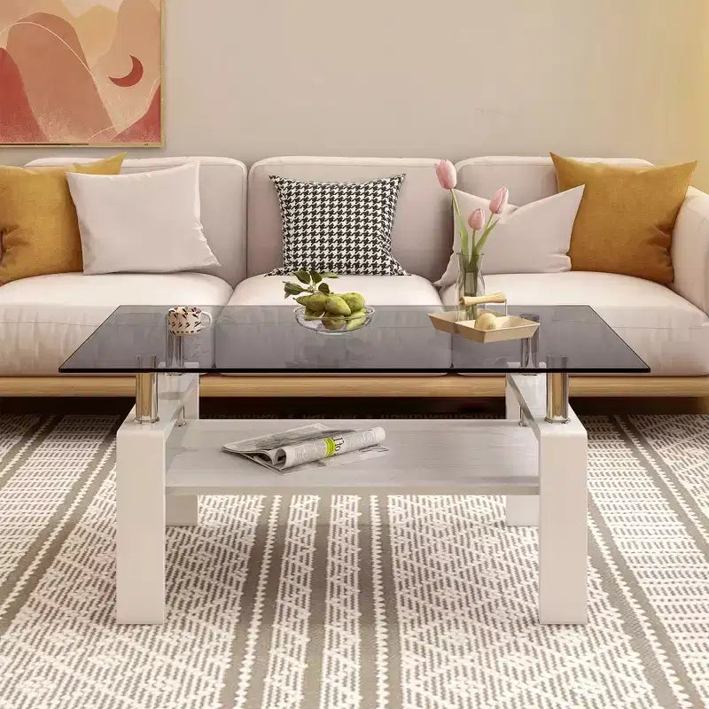 Table basse rectangulaire moderne à 2 niveaux avec plateau en verre trempé et pieds en métal, table d'appoint centrale avec étagère en MDF pour le salon