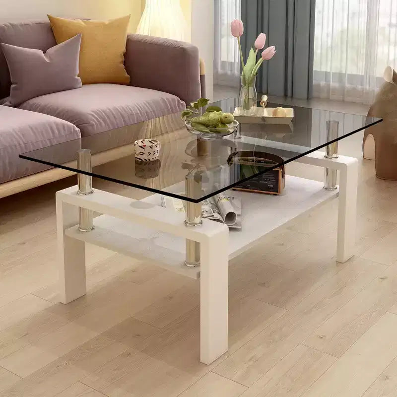Table basse rectangulaire moderne à 2 niveaux avec plateau en verre trempé et pieds en métal, table d'appoint centrale avec étagère en MDF pour le salon