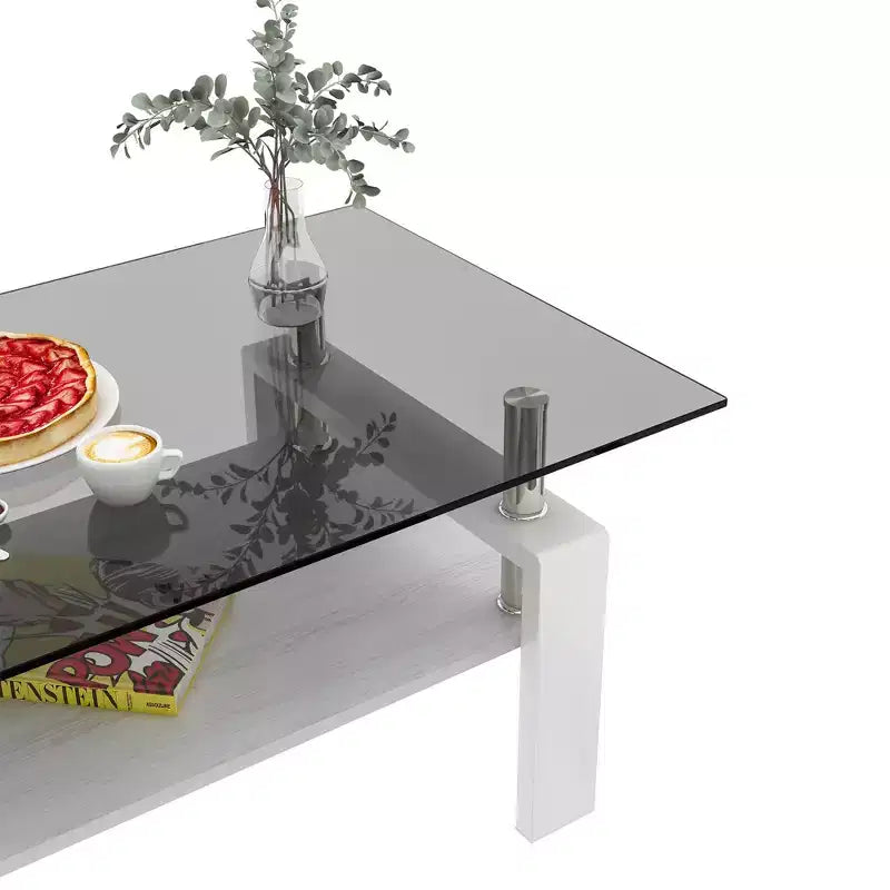 Table basse rectangulaire moderne à 2 niveaux avec plateau en verre trempé et pieds en métal, table d'appoint centrale avec étagère en MDF pour le salon