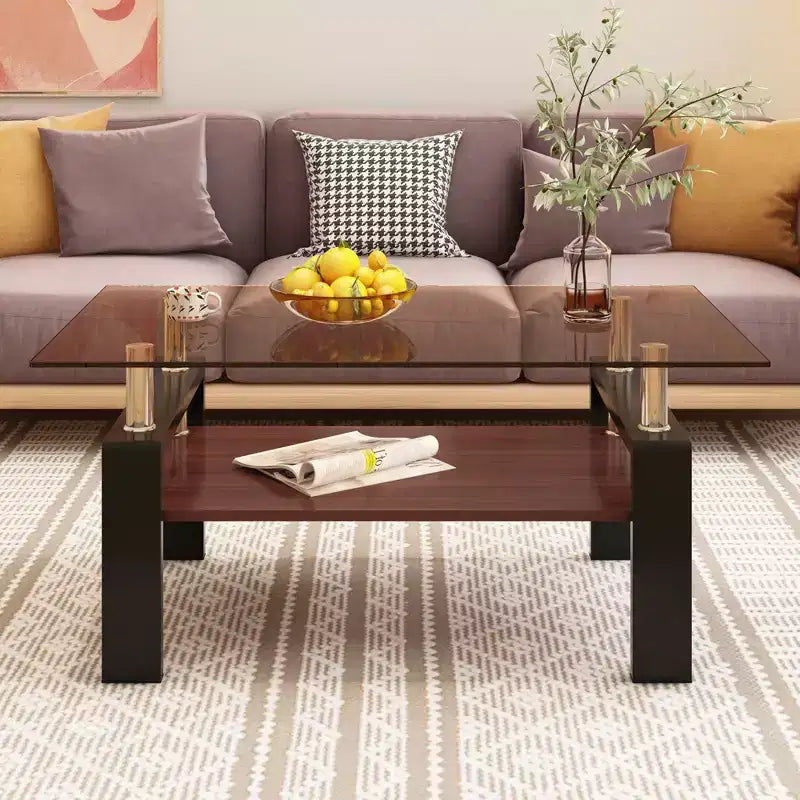Table basse rectangulaire moderne à 2 niveaux avec plateau en verre trempé et pieds en métal, table d'appoint centrale avec étagère en MDF pour le salon